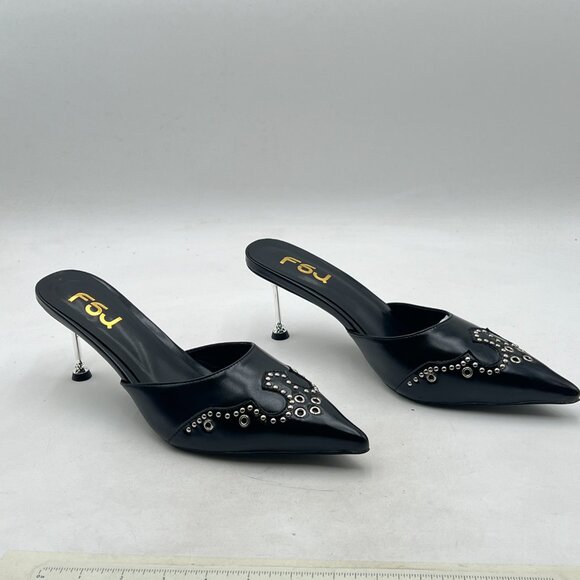 FSJ Black Gorgeous Studded Pointed Toe Mules Stiletto High Heel Slip On Shoes - Picture 4 of 8